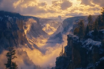 Naklejka premium Majestic cloud movement over the stunning landscape of Yellowstone National Park at sunset, Time Lapse of the clouds moving above the amazing and rugged landscapes of Southern Utah