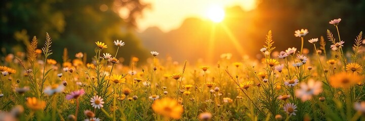 Serene Summer Solstice Landscape Golden Sunlight Bathes Vibrant Wildflowers in Peaceful Bloom