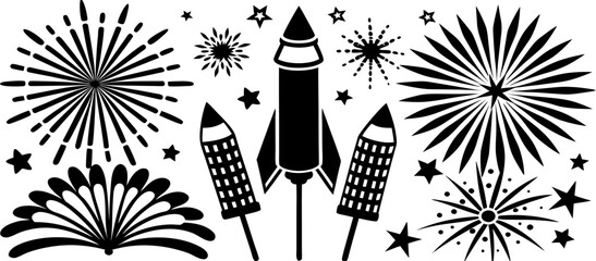 Black and White Fireworks Clipart: Rocket, Explosions, and Stars