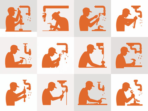 Collection of orange plumber silhouettes performing various repair and installation tasks on pipes and faucets showcasing different tools and actions in a graphic style silhouette