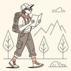 A cheerful traveler character design featuring a figure with a backpack ready for adventure rendered in a colorful vector style suitable for various creative projects