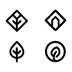 Modern Nature Icons — Geometric Leaf Motif Set, A set of four minimalist vector icons featuring geometric and circular leaf motifs in black and white — ideal for modern eco branding and editorial desi
