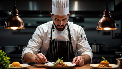 Chef carefully plates a dish in a restaurant kitchen