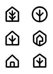 Tree Logo Set — Geometric Frames with Natural Motifs, A minimalist black-and-white vector set of six tree emblems enclosed within varied geometric frames — pentagon, circle, and hexagon styles suited 