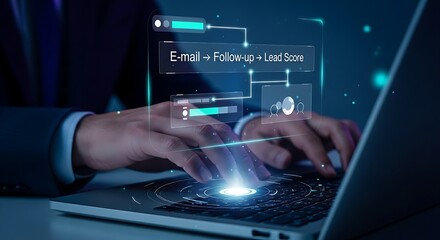 Marketing automation concept. Hands at a laptop with a holographic workflow for email campaigns and lead scoring, showing digital marketing efficiency.