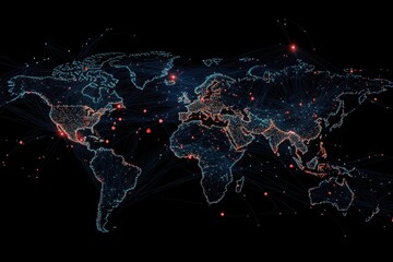 Global network connections visualized against a dark background highlighting digital interactivity, network of connections with globe on black background