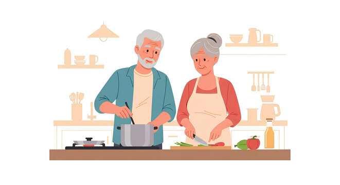 An elderly couple preparing food together in their home kitchen, one stirs the pot, the other chops vegetables on a wooden cutting board.