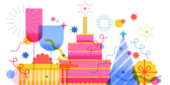 Birthday greeting card, vector celebration illustration. Design elements for holiday party invitation, banner, poster - Powered by Adobe