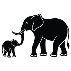 Fototapeta premium Black and white stylized illustration of a mother elephant and her calf, showcasing a tender and protective mood.