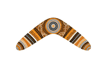 An Aboriginal art boomerang featuring earth tones in dot painting style conveying cultural heritage, perfect for indigenous themes.