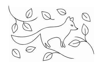 Black line drawing of fox and leaves on white background