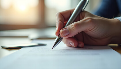 Close-up of a hand writing on a document with a pen in an office environment.