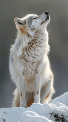Naklejka premium Majestic white wolf in snowy landscape, gazing upward.