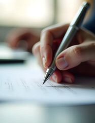 A close-up of a hand writing with a pen on a blank document, ready to sign or fill.