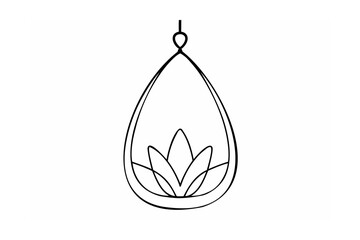 Black and white line drawing of a hanging terrarium with a plant