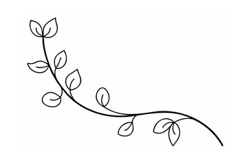 Black line drawing of a curved plant branch with leaves on white background