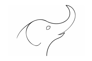 Black Elephant Head One Line Drawing on White Background