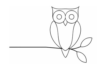 Black and white owl illustration perched on a branch with leaves
