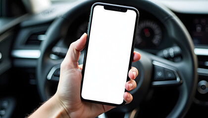A person's hand holding a smartphone with a blank screen in a car's interior.