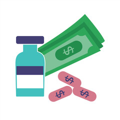 Medicine Pricing Vector Illustration with medicine bottle pill and money