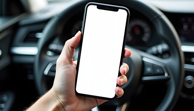 A person's hand holding a smartphone with a blank screen in a car's interior.