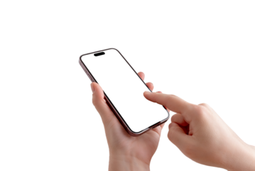Smartphone in a woman hand, gently viewed from below. Close up with a hand touching the screen. Isolated display and transparent background, ideal for app promotion