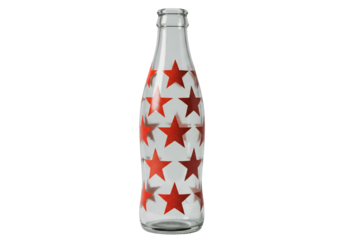 Clear bottle with red star pattern against a black background