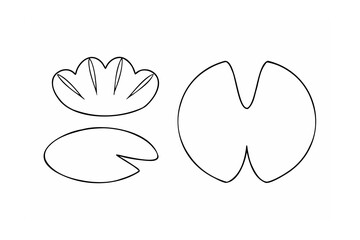 Black line drawing of water lily pads and flower on white background