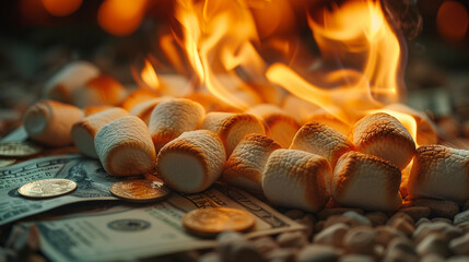 Marshmallows burning in flames on money and coins.