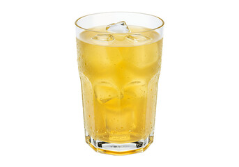 A faceted glass filled with a yellow liquid and ice cubes condensation droplets on the glass