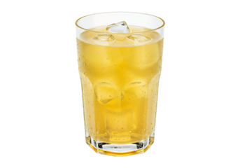 A faceted glass filled with a yellow liquid and ice cubes condensation droplets on the glass