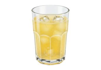 A glass of yellow liquid filled with ice cubes on a black background