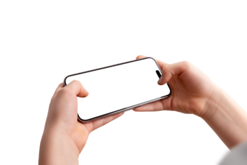 Close-up of a smartphone held horizontally in a boy’s hands, focusing on the screen. Isolated display and transparent background, ideal for video game or app mockup