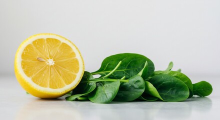 Vibrant Lemon Half and Fresh Spinach Leaves on White Background.
