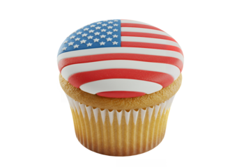 A cupcake with yellow cake and an American flag frosting decoration is centered The background is solid black