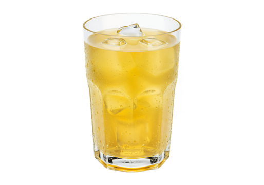 A faceted glass filled with a yellow liquid and ice cubes condensation droplets on the glass