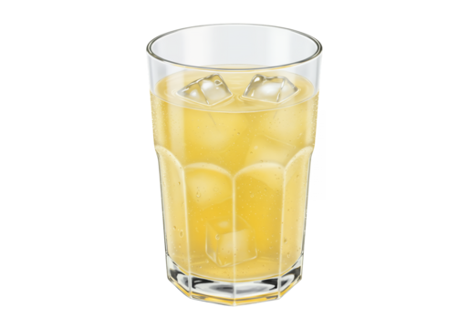 A glass of yellow liquid filled with ice cubes on a black background