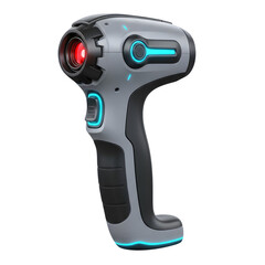 Futuristic scanner tool device with red light and blue neon accents product photography for sale online on transparent background