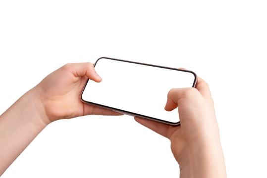 Close-up of a smartphone in gaming position, held with both thumbs on the screen. Isolated display and transparent background, perfect for showcasing horizontal apps