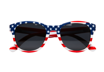 Sunglasses flaunt a starspangled frame reflecting US flaginspired design against a stark black backdrop