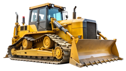 A yellow bulldozer is isolated on transparent background