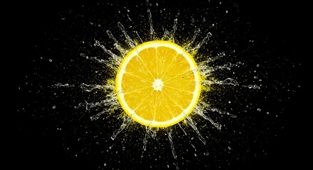 Vibrant Lemon Slice Exploding with Refreshing Water Splashes on Black Backdrop