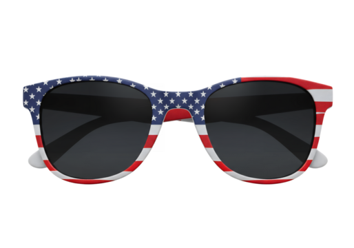 Sunglasses with US flag pattern frame on black backdrop