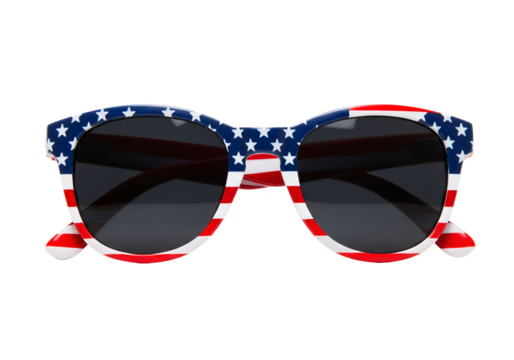 Sunglasses flaunt a starspangled frame reflecting US flaginspired design against a stark black backdrop