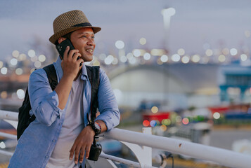 Tourist asian man traveler enjoying beautiful view cityscape and solo travel vacation talking phone...