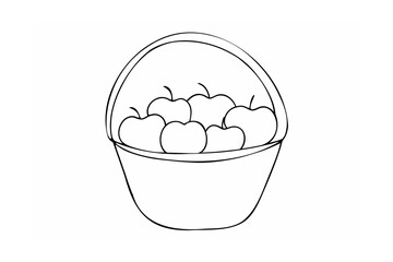 Black and white one line drawing of a basket filled with apples