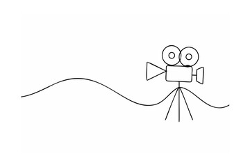 Black line drawing of a film camera on a tripod with a wavy line