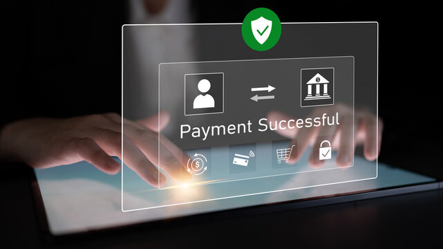 Successful transaction message showing secure payment. Payment confirmed, secured, payment processed, and payment completed with trust and transaction integrity. Latch