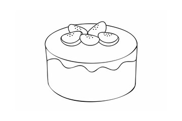 Black and white line drawing of a round cake with fruit topping