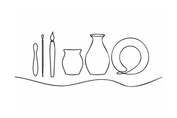 Black Line Drawing of Pottery Tools and Vessels on White Background